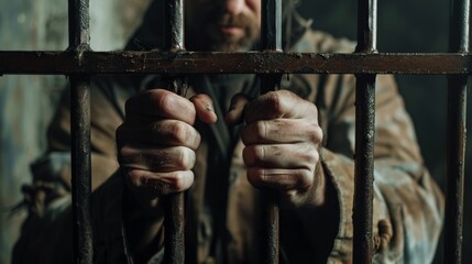 old man prisoner behind bars - obrazy, fototapety, plakaty