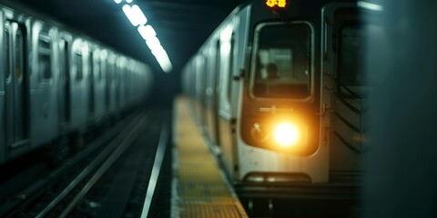 Subway train arriving, close-up on the headlight, anticipation in the underground 