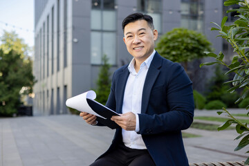 Successful young asian man businessman sitting on a bench during a work break near the office center and holding a folder with papers and documents in his hands, looking and smiling at the camera