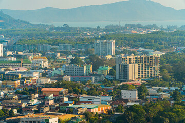 Fototapeta na wymiar Khao Rang Phuket City View Point which shows the beauty of Phuket City, Thailand from the top of the hill. landscape from the View point showing the beauty of Phuket city, rows of hills and coastline