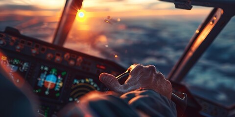 Pilot's hand on aircraft throttle, close-up, focused control, dawn of a journey  - obrazy, fototapety, plakaty