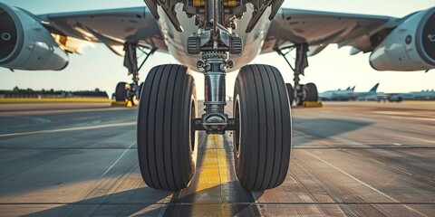 Cargo plane landing gear, close-up, clear sky background, precision and scale in air freight