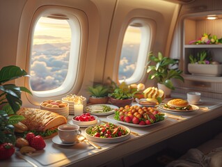 First class cabin suite, cultural foods from different countries served on an airplane