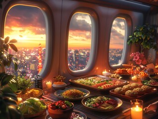 First class cabin suite, cultural foods from different countries served on an airplane