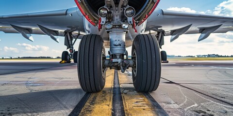 Fototapeta na wymiar Cargo plane landing gear, close-up, clear sky background, precision and scale in air freight 
