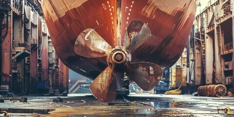 Cargo ship propeller in dry dock, close-up, repair and maintenance, unseen force of maritime transport 