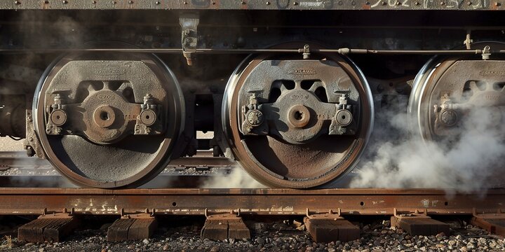 Freight train wheels on tracks, close-up, early morning mist, power and persistence of land transport