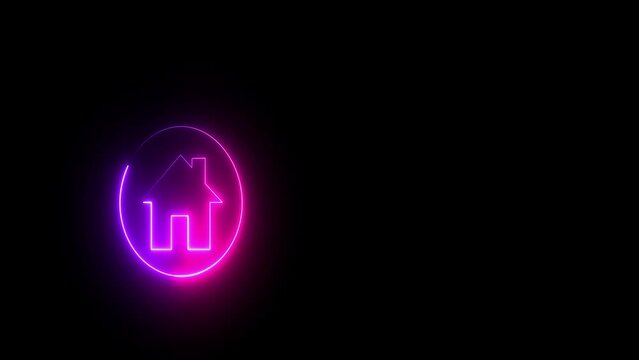 House icon glowing neon light on black background. pink and purple home icon with glowing light background,best animation in 4k.