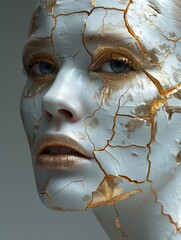 Beautiful model's marble covered face is cracked in the style of realistic sculptures