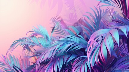Tropical and palm leaves in vibrant bold gradient holographic colors. Concept art. Vacation season is coming 