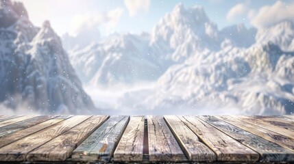 A wooden table with a backdrop of snow-covered mountains in the distance