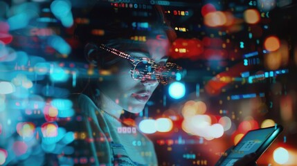 Password, coding hologram and woman on tablet thinking of data analytics, digital technology and night overlay. Programmer or IT person in glasses on 3d screen, programming and cybersecurity research