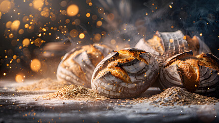 Freshly Baked Artisan Bread Loaves on Wooden Table with Flour and Golden Bokeh