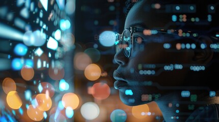 Software, data hologram and woman with code analytics, information technology and gdpr overlay. Programmer coding or IT person in glasses reading html script, programming and cyber security research