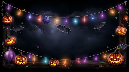 A festive Halloween party border featuring colorful, spooky banners and glowing string lights on a...