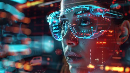 Digital coding hologram and woman on tablet thinking of data analytics, digital technology and night overlay. Programmer or IT person in glasses on 3d screen, programming and cybersecurity research