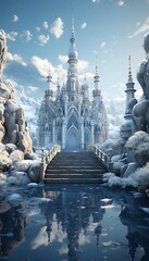 Fantasy landscape with fantasy temple in snowy mountains. 3D illustration.