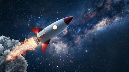 A red and white toy rocket soaring through the sky with a starry backdrop