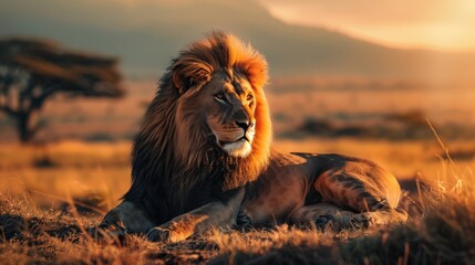 lion predator savanna resting strong - obrazy, fototapety, plakaty