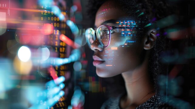 Software, data hologram and woman with code analytics, information technology and gdpr overlay. Programmer coding or IT person in glasses reading html script, programming and cyber security research