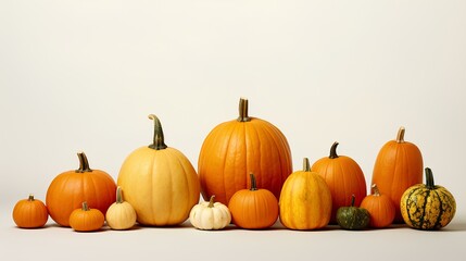 A group of pumpkins of various sizes arranged artfully on a clean, white surface - obrazy, fototapety, plakaty