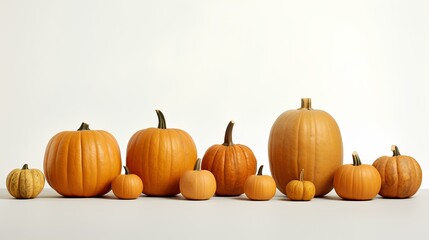 A group of pumpkins of various sizes arranged artfully on a clean, white surface - obrazy, fototapety, plakaty