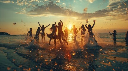 Healthy retreat group of happy young people dancing and spraying at the beach on beautiful summer sunset