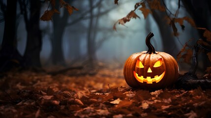 A spooky jack-o'-lantern surrounded by fallen autumn leaves, capturing the essence of a haunted Halloween evening