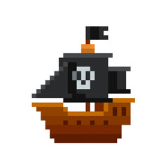 Perfect Pixel Pirate Ship icon or sailing frigate - editable vector symbol in retro game style isolated on white background