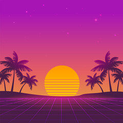 Retrowave futuristic sunset landscape with pink grid background of palms silhouette on the neon beach - square vector dsgn for Synthwave music cover and  party banner design