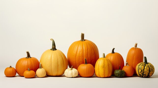 A group of pumpkins of various sizes arranged artfully on a clean, white surface
