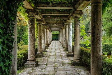 Weathered Ancient pergola pavilion. Grass medieval. Generate Ai