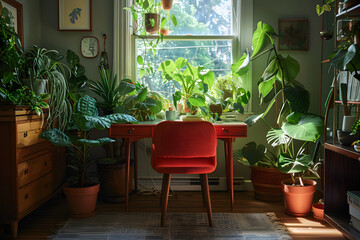 Sunlit Home Workspace with Lush Indoor Plants and Vintage Red Chair