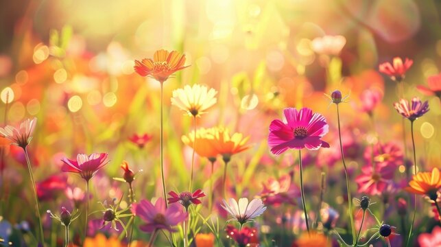meadow flowers in early sunny fresh morning. Vintage summer landscape background. colorful beautiful fall flowers magical.