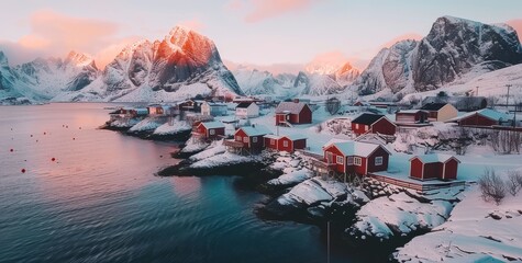Panoramic view of a small fishing village in the Lofoten archipelago in northern Norway - Red rorbuer on stilts in winter at sunrise in a fjord - obrazy, fototapety, plakaty