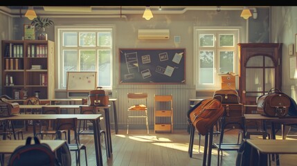 Interior of stylish empty classroom with backpacks and stationery 