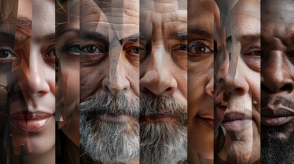 Human face made from different portrait of men and women of diverse age and race. Combination of faces. Humanity. Concept of social equality, human rights, freedom, diversity, acceptance.