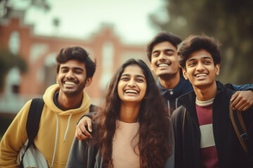 A group of smiling young Indian students in a college campus
