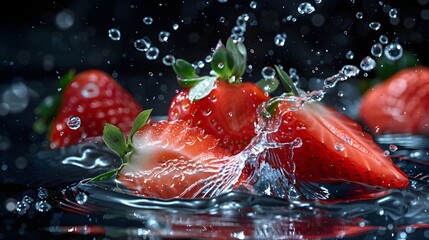 A few strawberry slices in the water, splashing with water droplets and bubbles on a black background, with very fresh colors and high definition photography. 