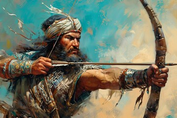 Rugged Ancient Persian nomad warrior. History bearded fighter with head turban. Generate ai - obrazy, fototapety, plakaty