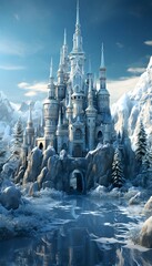 Fantasy landscape with fantasy castle in snowy forest. 3D rendering