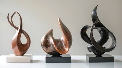 Abstract sculptures collection for modern home or public space decor, diverse materials.