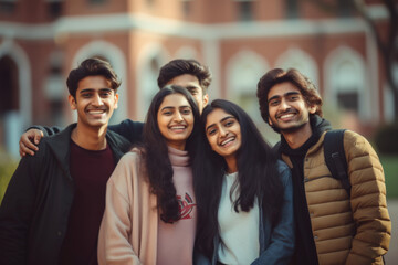A group of smiling young Indian students in a college campus - obrazy, fototapety, plakaty