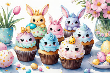 Watercolor composition of Easter cupcakes with whipped cream. - obrazy, fototapety, plakaty