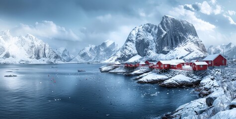 Panoramic view of a small fishing village in the Lofoten archipelago in northern Norway - Red rorbuer on stilts in winter at sunrise in a fjord - obrazy, fototapety, plakaty
