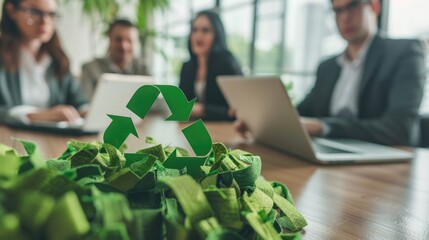 business team people planning and discussing on recycle reduce reuse policy symbol in office meeting room. Green business company and Solar Energy Environment city Concept.