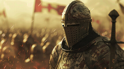 A lone crusader stands defiant in a raging battlefield, his armor a testament to the gritty reality of medieval wars - obrazy, fototapety, plakaty