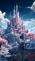 Magic Fairy Tale Castle in Winter Landscape 3D Illustration.