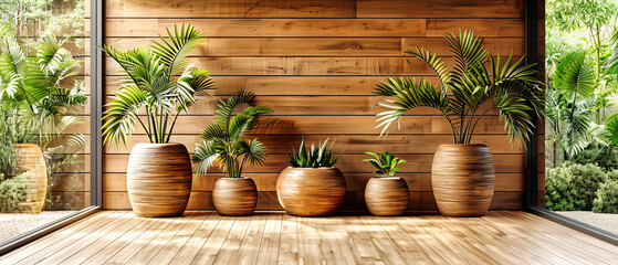 Decorative Green Plants in Rustic Pots, Beautiful Home Gardening and Interior Design with Nature Elements