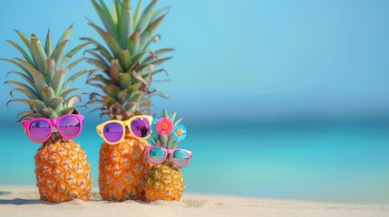 Family of funny stylish  pineapples in stylish sunglasses on the sand against turquoise sea. Tropical summer vacation concept. Happy sunny day on the beach of tropical island. Family holiday.